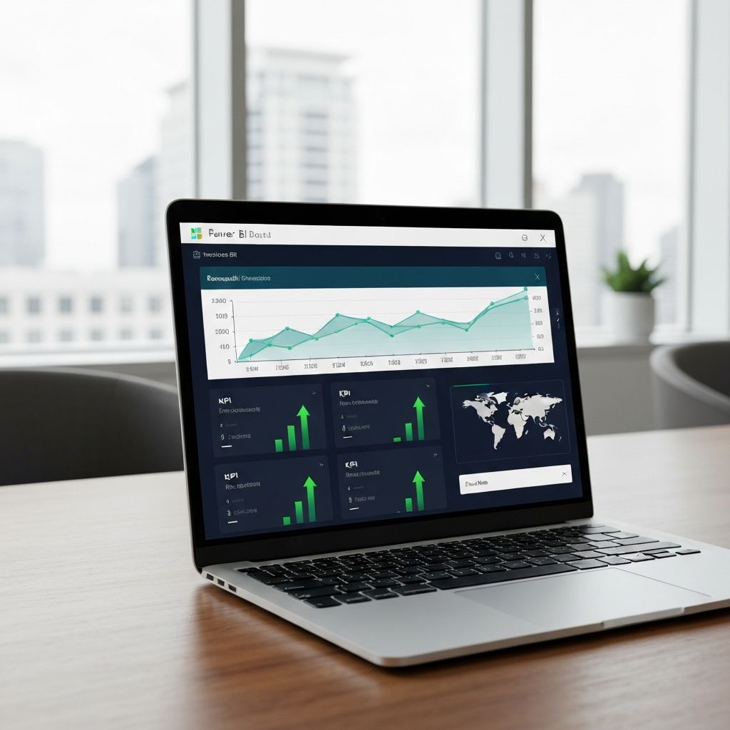 Professional Power BI dashboard on laptop in modern office